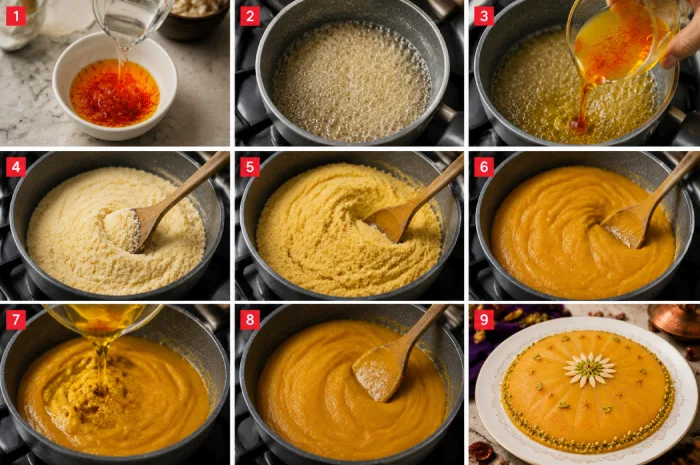 طرز تهیه حلوا زعفرانی مرحله به مرحله با عکس